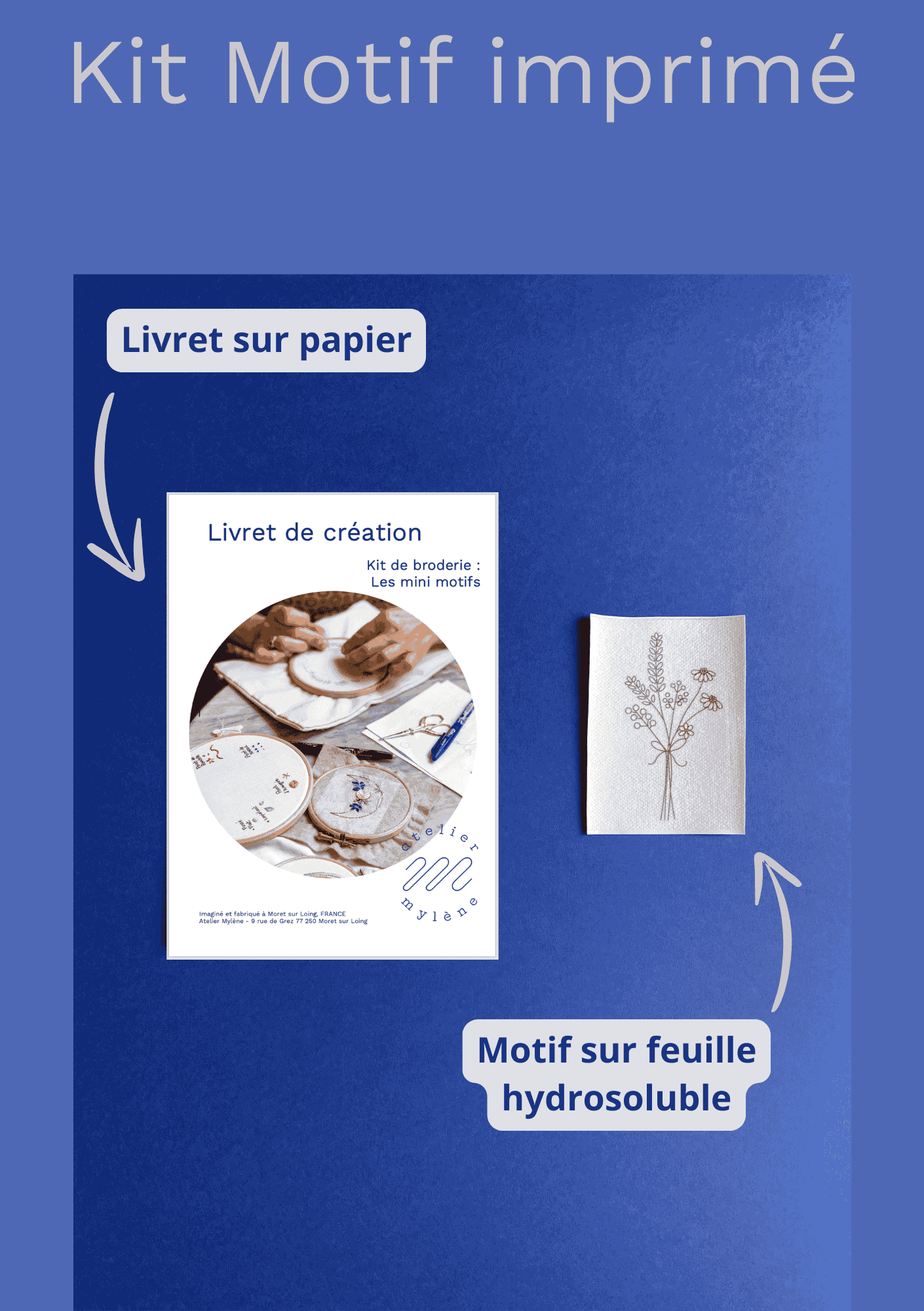 Tout le matériel nécessaire pour débuter facilement un projet créatif de broderie dans un kit de broderie motif "bouquet champêtre"