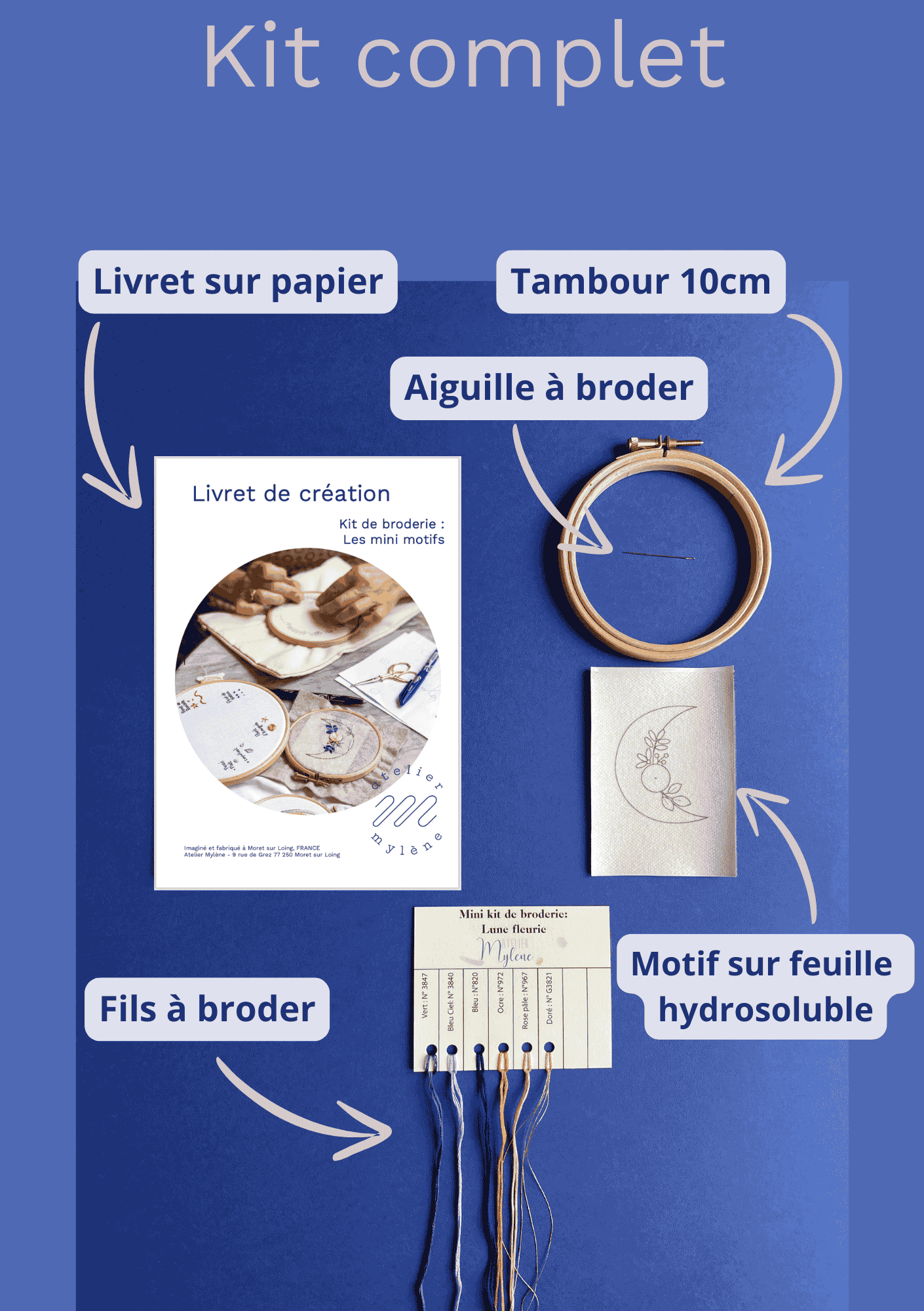 Matériel parfait pour réaliser des projets de broderie personnalisés dans un kit de broderie motif "quartier de lune"