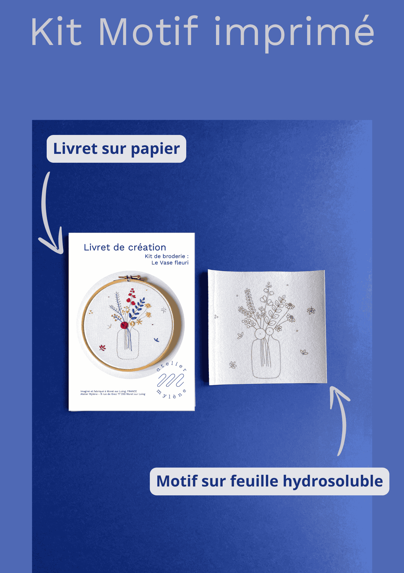 Tout le matériel nécessaire pour débuter facilement un projet créatif de broderie dans un kit de broderie motif "Vase avec fleurs"